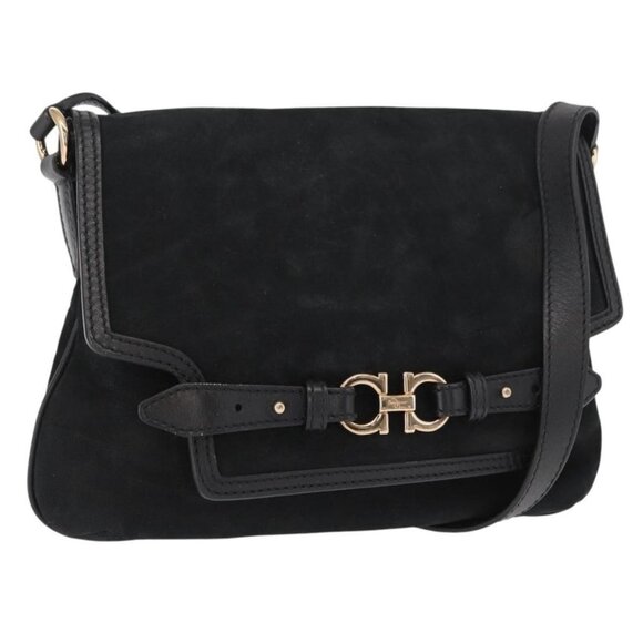 Salvatore Ferragamo Handbags - Authentic Salvatore Ferragamo Gancini Shoulder Bag Suede Leather Black Gold